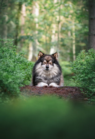 Portrait of Finnish Lapphund dog in the forestの写真素材