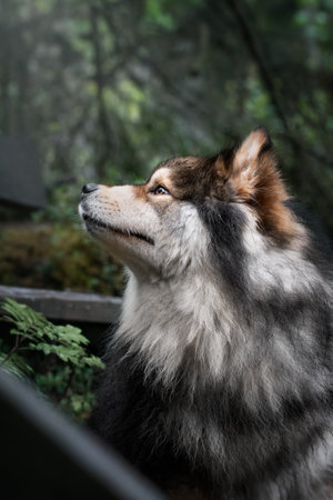 Side portrait of Finnish Lapphund dog looking upwards
