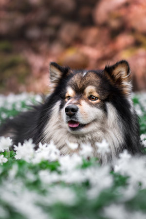 Portrait of happy Finnish Lapphund dog among flowers in spring or summerの写真素材