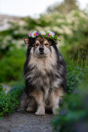 Portrait of a Finnish Lapphund dog wearing a flower wreath for Swedish Midsummer celebration