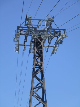 Roosevelt Island, New York, NY: One of the towers that elevate the tram that takes residents and...