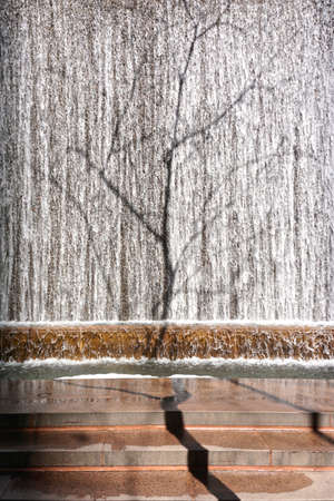 Shadow of a tree falls on a waterfall in Paley Park in midtown Manhattan, New York City.の写真素材