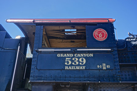 Williams, Arizona: A vintage locomotive of the Grand Canyon Railroad on display in Williams,...