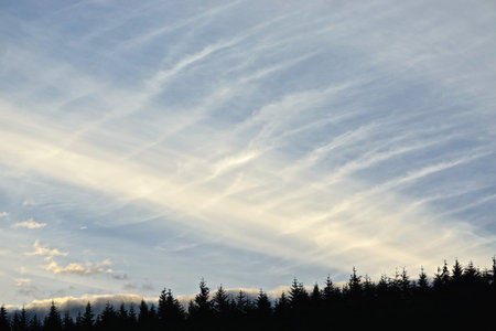 Clouds over a forest at sunset in the Highlands of Scotland.
