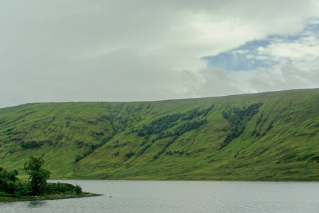 A lush green hillside on a loch (lake) in the Highlands of Scotland, under a cloudy sky.