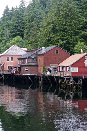 Ketchikan, Alaska: Tourists visit shops along Creek Street, the former historic red-light district of Ketchikan, Alaska.のeditorial素材