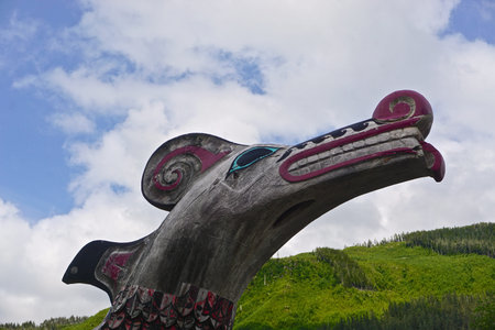 Ketchikan, Alaska: A totem on the grounds of Potlatch Totem Park, a recreated Tlingit village with...
