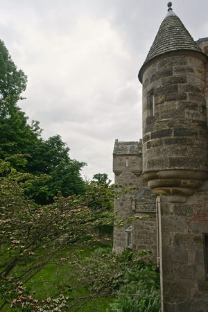 Turrets at Cawdor Castle in the Highlands of Scotland. The castle is built around a 15th-century...