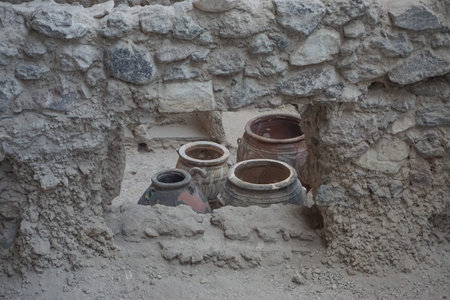 Akrotiri, Santorini, Greece: Ancient urns found at the archaeological site of the Minoan Bronze Age...