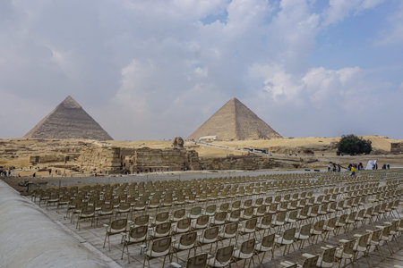 Giza, Egypt: A camera crew prepares for a nighttime light show at the Sphynx at the Khufu Pyramid...