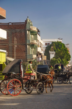 Edfu, Egypt: Horse cab traffic on the streets of Edfu. Drivers take tourists to the temple of Edfu,...