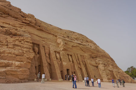 Abu Simbel, Egypt: Tourists visit the temple of Hathor and Nefertari, (aka the Small Temple) at Abu...