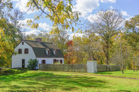 Washington Crossing, Titusville, NJ: Johnson Ferry House (c. 1740), at the site of George Washington's crossing of the Delaware River, December 1776.のeditorial素材