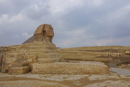 Giza, Egypt: View of the Sphynx at the Khufu Pyramid Complex, showing the long legs of the original...