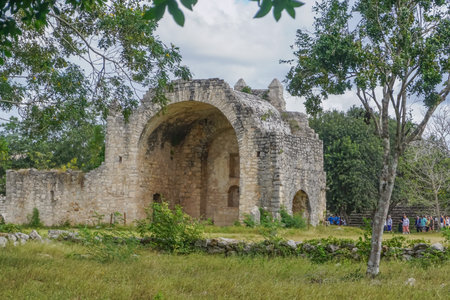 Dzibilchaltun, Yucatan, Mexico: Tourists visit the ruins of a Spanish mission church built c....