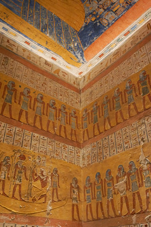 Luxor, Egypt: Detail of artwork in Tomb KV2, the burial place of pharaoh Rameses IV in the Valley of...