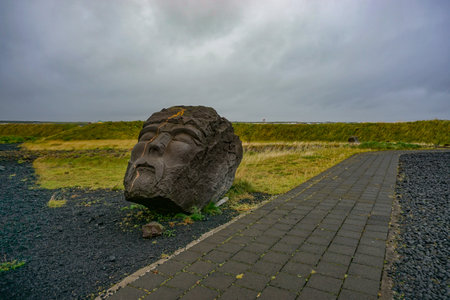 Njardvik, Iceland: Giant head of Viking sculpture on the grounds of the Viking World Museum (VÃ­kingaheimar).のeditorial素材