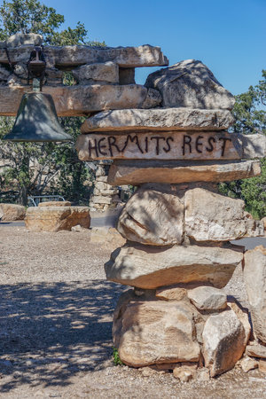 Grand Canyon National Park, Arizona: Sign welcomes visitors to Hermits Rest, at the western end of Hermit Road and the Rim Trail, on the south rim of the Grand Canyon.の写真素材