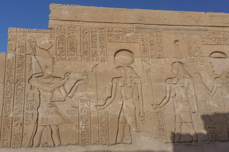 Kom Ombo, Egypt: Detail of carvings at Kom Ombo Temple, a unique double temple built during the...