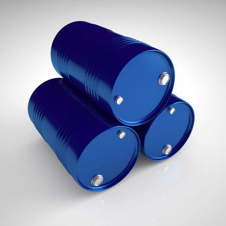 Group of 3 blue standard metal barrel isolated on white background.の写真素材