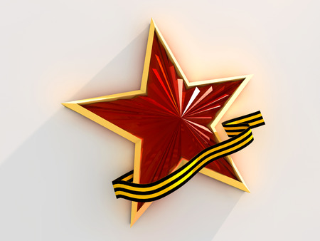 Red star tied with Saint George ribbon on white background. Russian text, which is depicted in the picture translated into English Congratulations an Victory Dayの写真素材