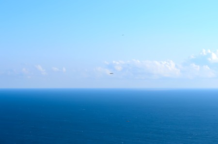 The blue sea and two seagulls in the skyの写真素材