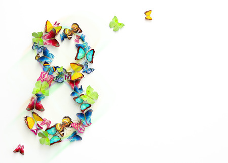 Womens day design, greeting card with March 8 and butterflies Womens day design, greeting card with March 8 and butterflies