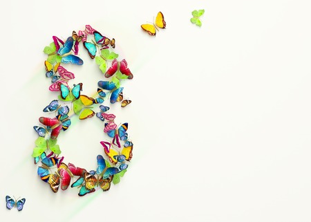 Womens day design, greeting card with March 8 and butterfliesの写真素材