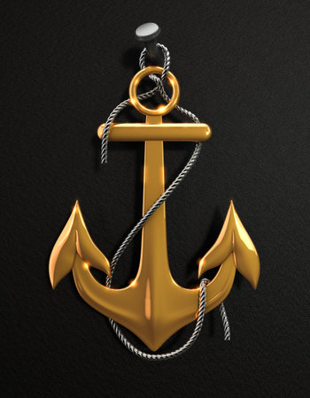 Gold anchor with metal rope isolated on a black background