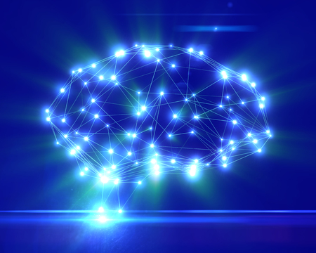 Polygonal brain shape of an artificial intelligence with lines and glowing dots and shadow over the dark blue background. 3D rendering.の写真素材