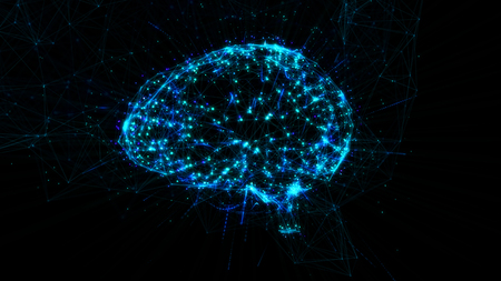 Polygonal brain shape of an artificial intelligence with lines and glowing dots and shadow over the dark blue background. 3D rendering.の写真素材