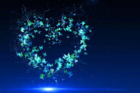 Heart made of blue butterflies, stars and dotsの写真素材