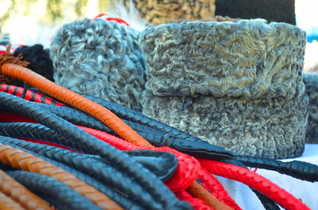 Leather whips for horses and fur hatsの写真素材