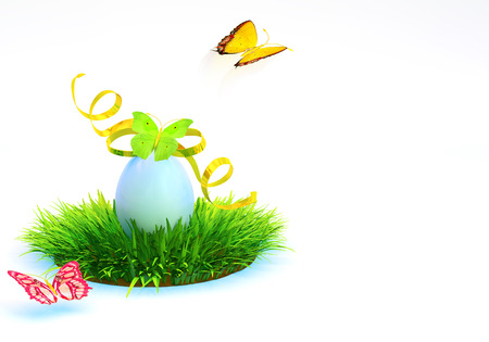 Easter egg with a bow on the grass, and around fluttering butterflies. 3d rendering.の写真素材