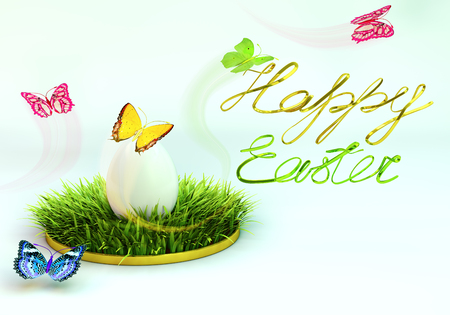 Easter egg with a bow on the grass, and around fluttering butterflies. 3d rendering.の写真素材