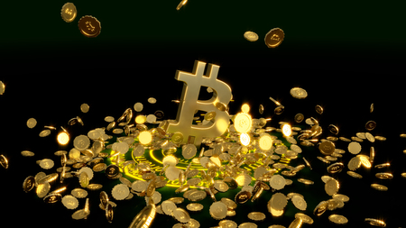3D model of the bitcoin logo gold coins that scatter in different directions. Mining. 3D rendering.の写真素材
