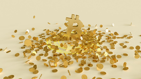 3D model of the bitcoin logo gold coins that scatter in different directions. Mining. 3D rendering.の写真素材