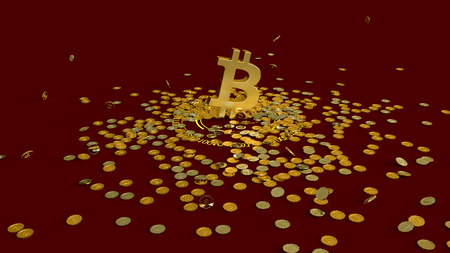 3D model of the bitcoin logo gold coins that scatter in different directions. Mining. 3D rendering.の写真素材