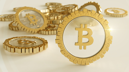 3D model of the bitcoin gold coins that scatter in different directions. Mining. 3D rendering.の写真素材