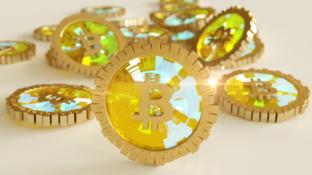 3D model of the bitcoin logo gold coins that scatter in different directions. Mining. 3D rendering.の写真素材