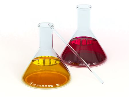 Chemical glass vessels filled with liquids of different colors. 3D rendering.の写真素材