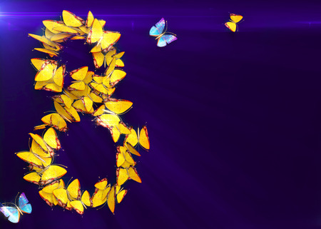 Womens day design, greeting card with March 8 and butterfliesの写真素材