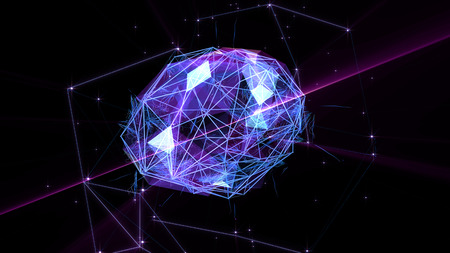 Polygonal brain shape of an artificial intelligence with lines and glowing dots and shadow over the dark blue background. 3D rendering.の写真素材