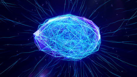 Polygonal brain shape of an artificial intelligence with lines and glowing dots and shadow over the dark blue background. 3D rendering.の写真素材