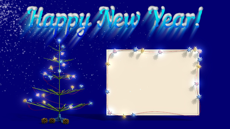 Mockup poster with Christmas tree and snow on the blue background. New Year, spruce with illuminated garland and Christmas balls. 3D renderingの写真素材