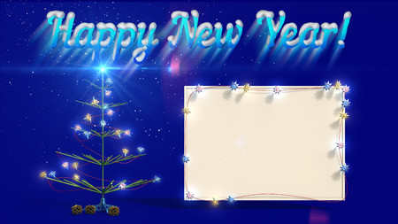 Mockup poster with Christmas tree and snow on the blue background. New Year, spruce with illuminated garland and Christmas balls. 3D renderingの写真素材