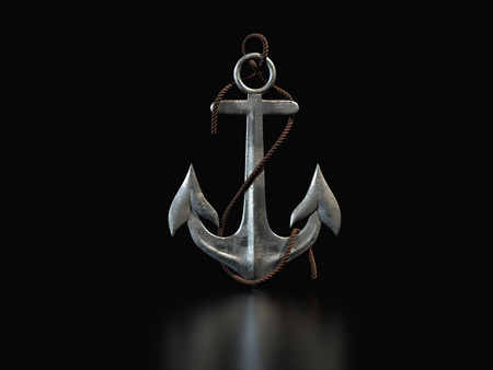 Metal anchor with metal rope isolated on a black background. 3d rendering.の写真素材