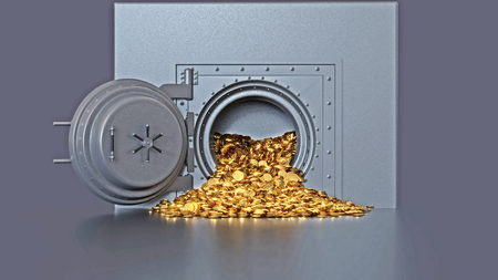 Bank vault door opening revealing a golden coin. 3d rendering.の写真素材