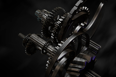 Rough, brutal steel gearsof different shapes and diameters. 3d rendering.の写真素材