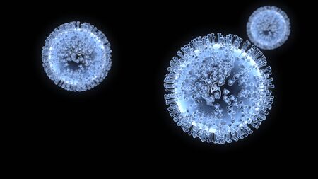 Coronavirus 2019-nCov novel coronavirus concept resposible for asian flu outbreak and coronaviruses influenza as dangerous flu strain cases as a pandemic. Microscope virus close up. 3d rendering.の写真素材